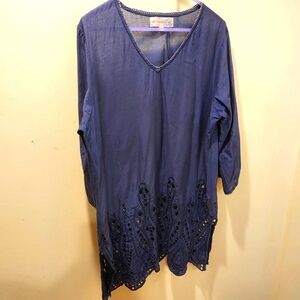 Beth Jordan Navy Blue Cotton Embroidered Eyelet Tunic top size M/L